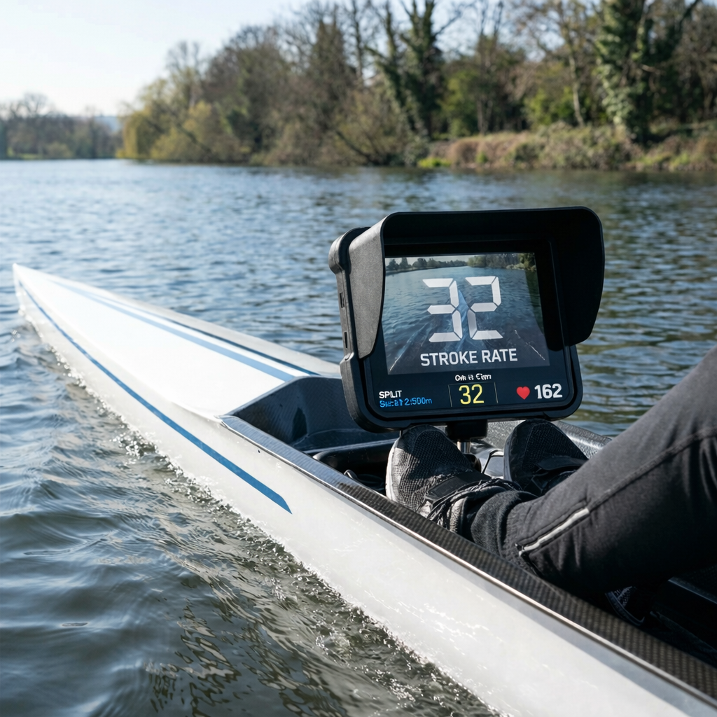 Rowers on the river with open water behind